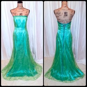 Morgan & Co Corset Back Sleeveless Evening Gown in Emerald and Lime Green
